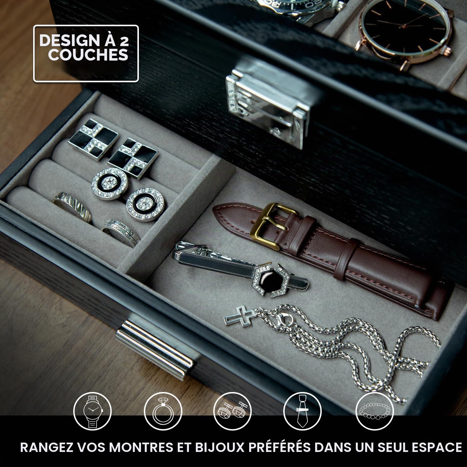 Slege Boîte à Montres en Bois,Fabriqué à Main,4 Emplacements avec Tiroir de Valet,Boîte à Montres pour Homme et Femme,Boîte de Rangement,avec Couvercle en Verre,Support de Montre,Watch Box Cadeau