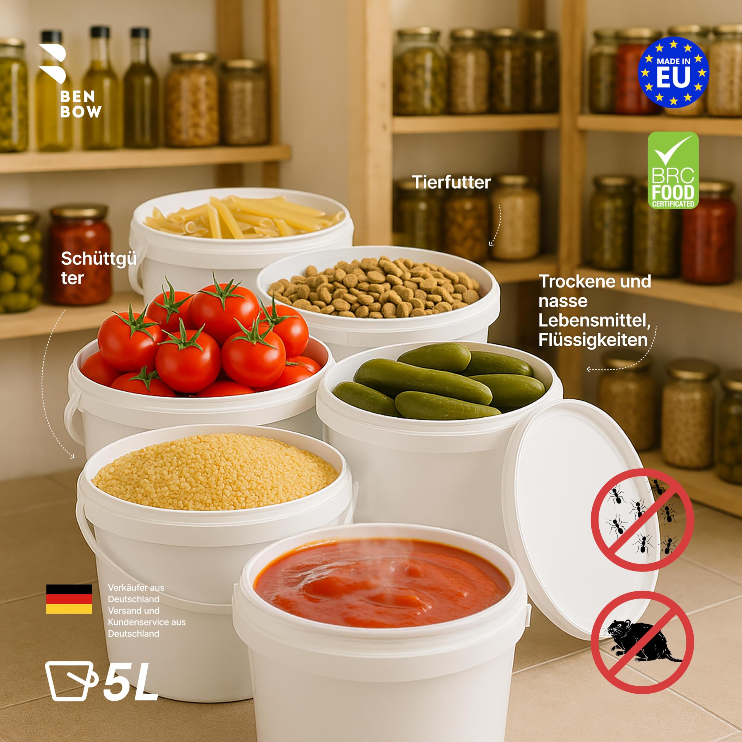BenBow Eimer mit Deckel 5l weiß 1000x 5l - lebensmittelecht, stabil, luftdicht, auslaufsicher, geruchsneutral - Plastikeimer mit Henkel - leer
