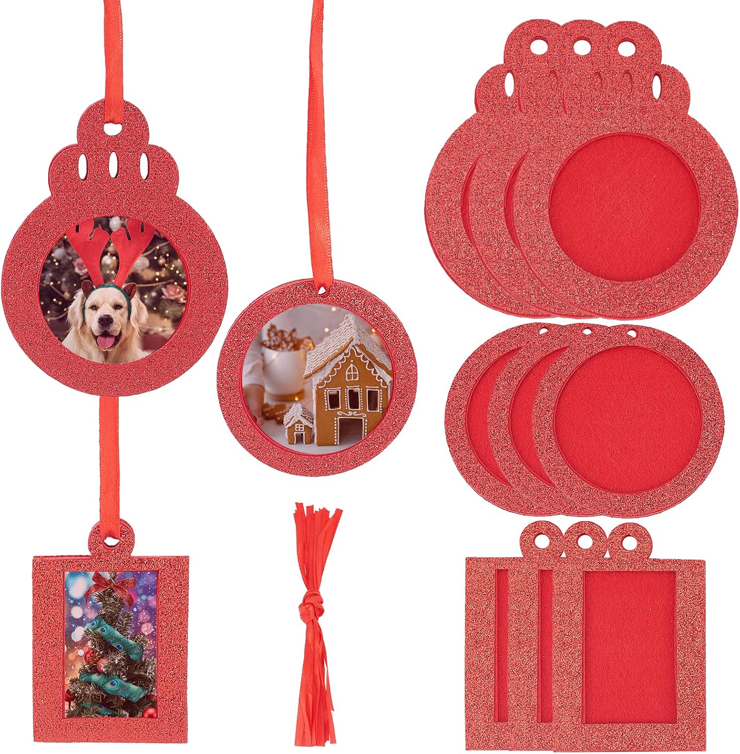 GORGECRAFT 18 Pieces 3 Styles Christmas Photo Frame Ornaments Red Rectangle Round Glitter Holiday Picture Frame with Ribbon Felt Christmas Tree Hanging Decoration for Home Christmas Party Decor