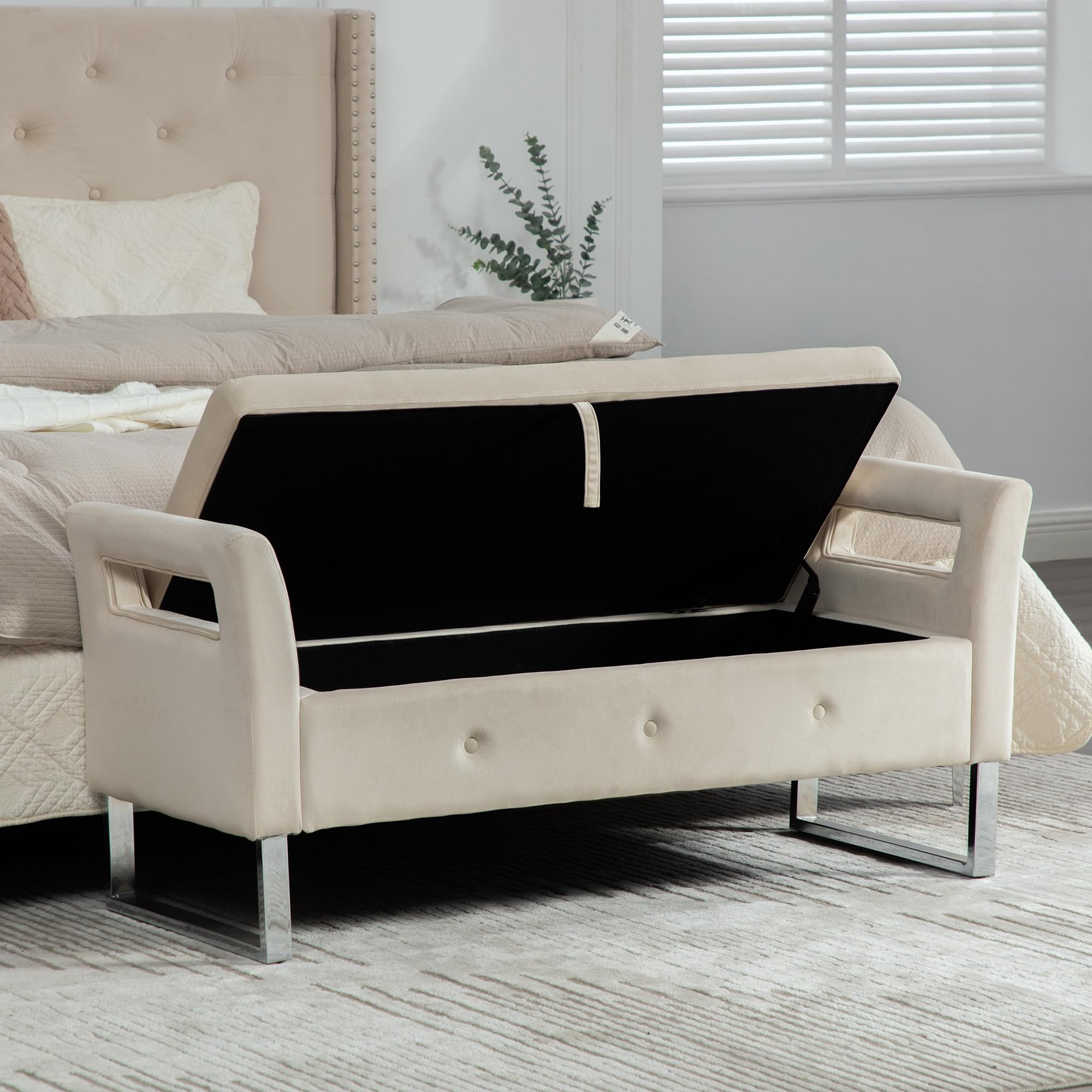 Banco con espacio de almacenamiento, taburete acolchado de terciopelo, con reposabrazos para salón, entrada y dormitorio (beige)