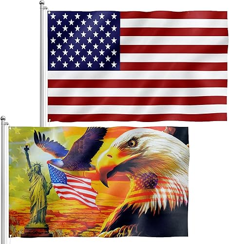 FLAGWIX Paquete combinado bandera estadounidense de 3 x 5' y bandera patriótica de águila de 3 x 5' para exteriores con ojales, tela de lona de