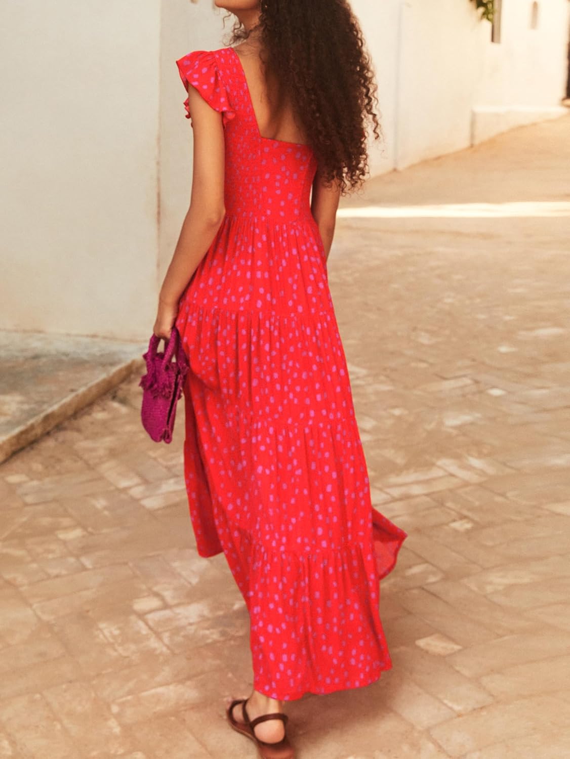 MASCOMODA Womens Summer Maxi Dress Casual V Neck Cap Sleeve Smocked Dresses Ruffle Tiered Beach Party Long Flowy Sundresses - Image 4