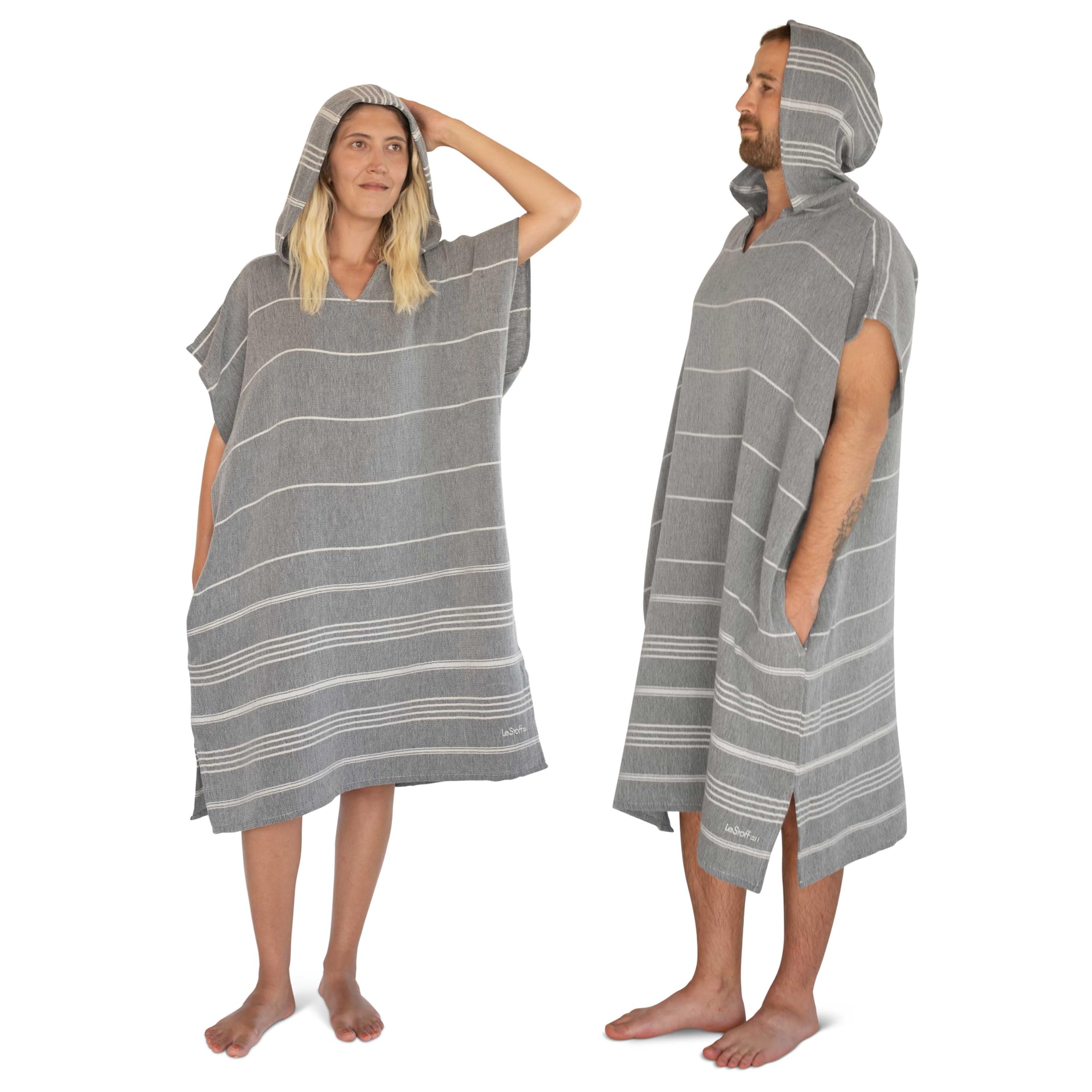 LeStoff Badeponcho - 50% Bio-Baumwolle 50% Hanf - Leicht, Saugstark, Schnelltrocknend, Bio, Strandponcho mit Kapuze, Handtuchponcho, Surf Poncho, Handtuchkleid, Duschponcho, Umziehponcho