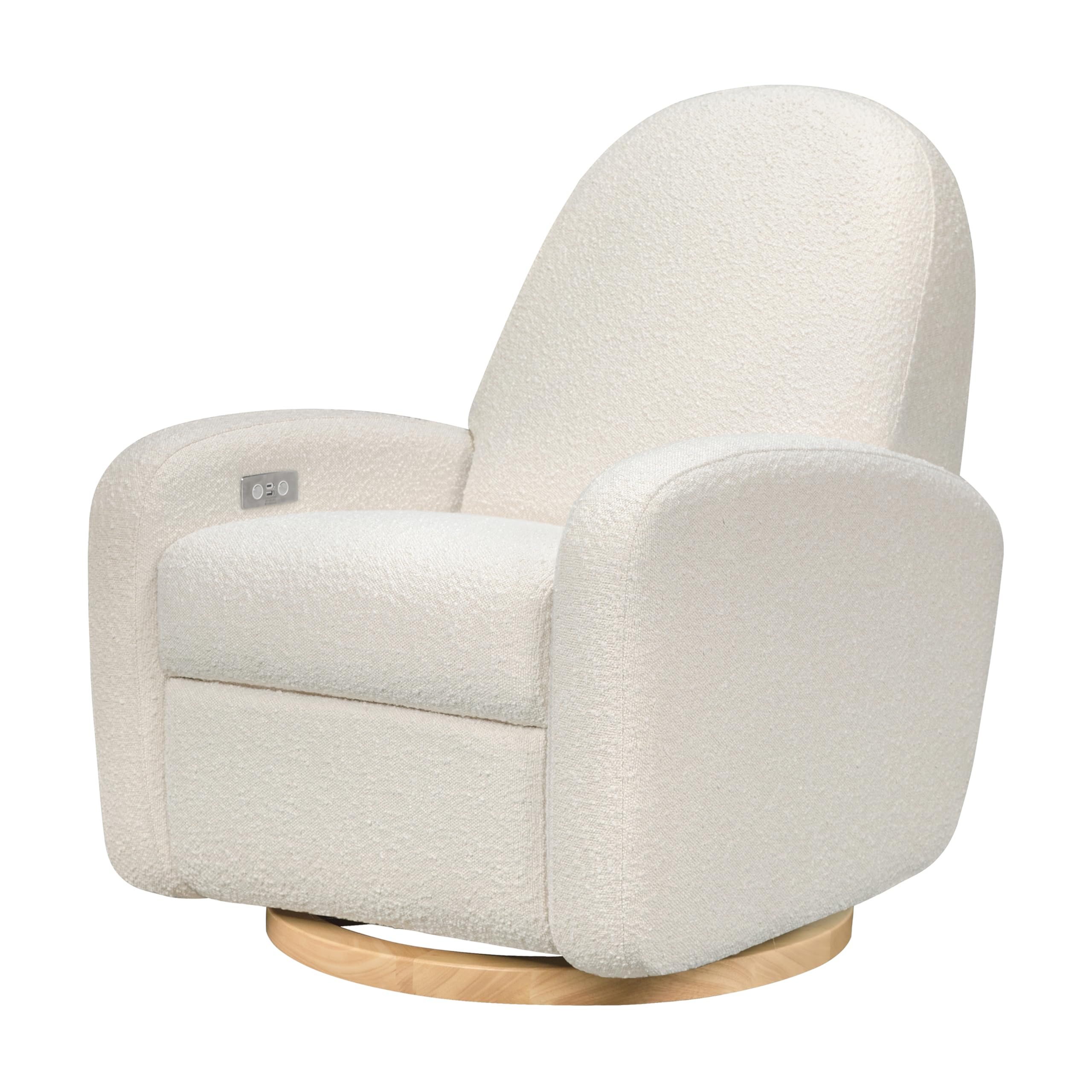 Babyletto Nami Electronic Power Recliner and Swivel Glider with USB Port in Ivory Boucle with Light Wood Base, Greenguard Gold and CertiPUR-US