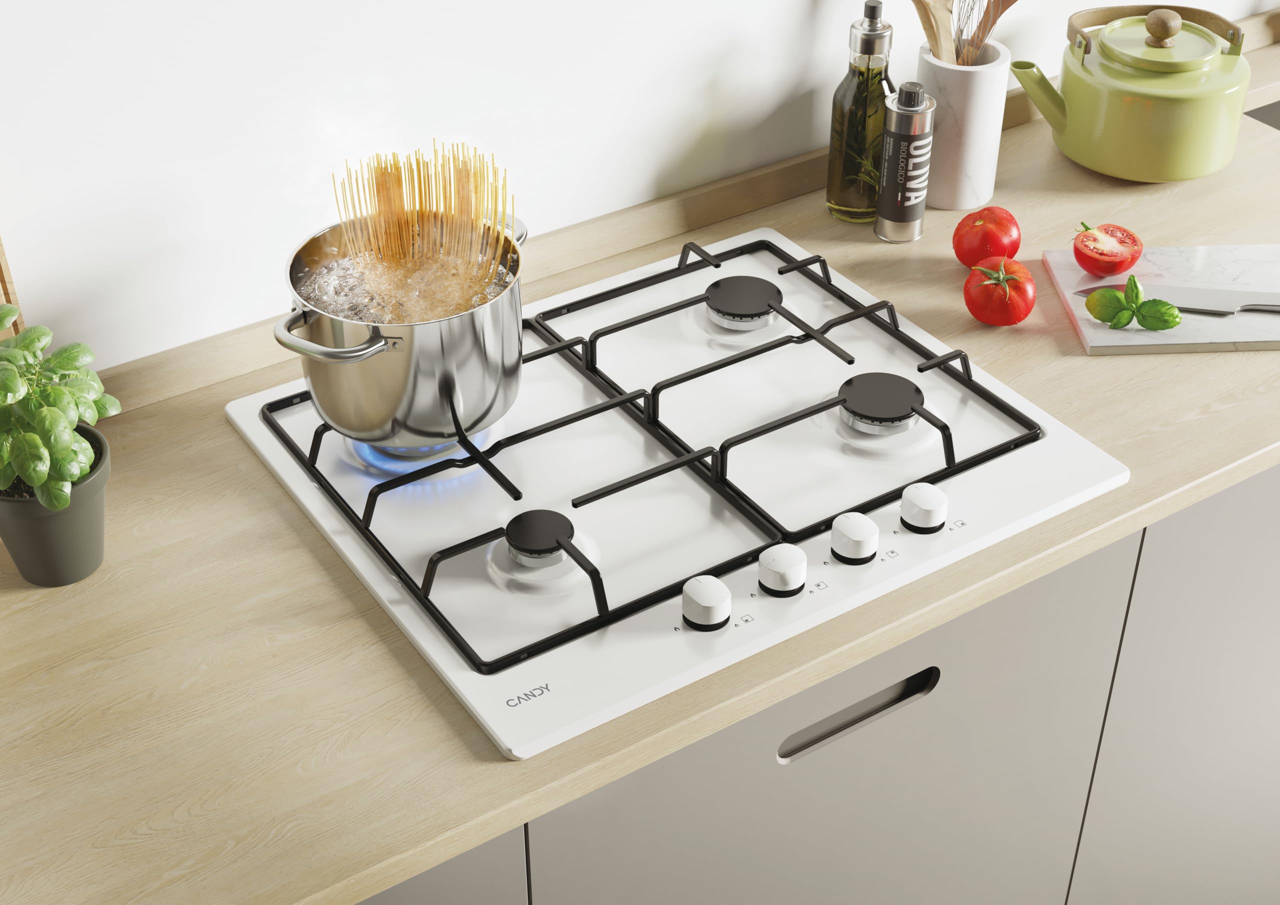 Candy Idea Piano Cottura a Gas 4 Fuochi, Acciaio Inossidabile, Griglie Smaltate Lavabili in Lavastoviglie, 59,5 x 51 x 1 cm, Bianco - CHW6BRWW