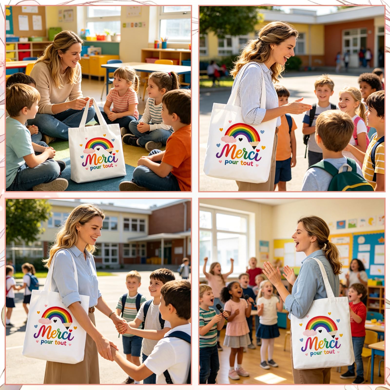 Cadeau Maitresse D'école Cadeau Maitresse 3 Pièces Pour Fin D'année Scolaire – Tote Bag Merci, Porte-Clés Arc-En-Ciel Et Stylo Rose – Tissu Résistant, Design Coloré Pour Professeur