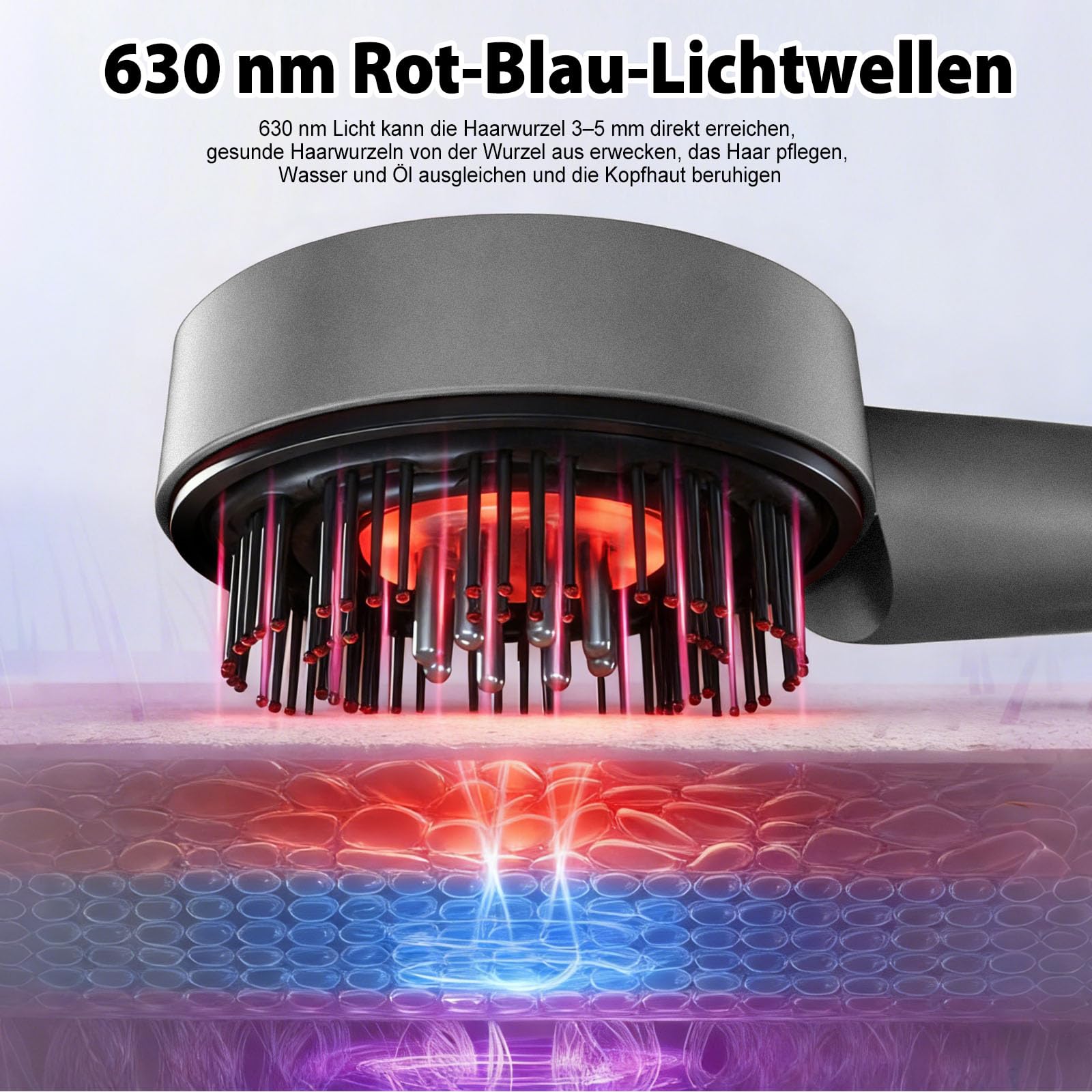 3-in-1 Rotlicht Haarbürste Elektrisch Kopfmassagegerät mit 6ML Haaröl Applikator, Kopfhautmassage mit Rotlicht/Blaulicht/Mischlicht, IPX7 Wasserdicht