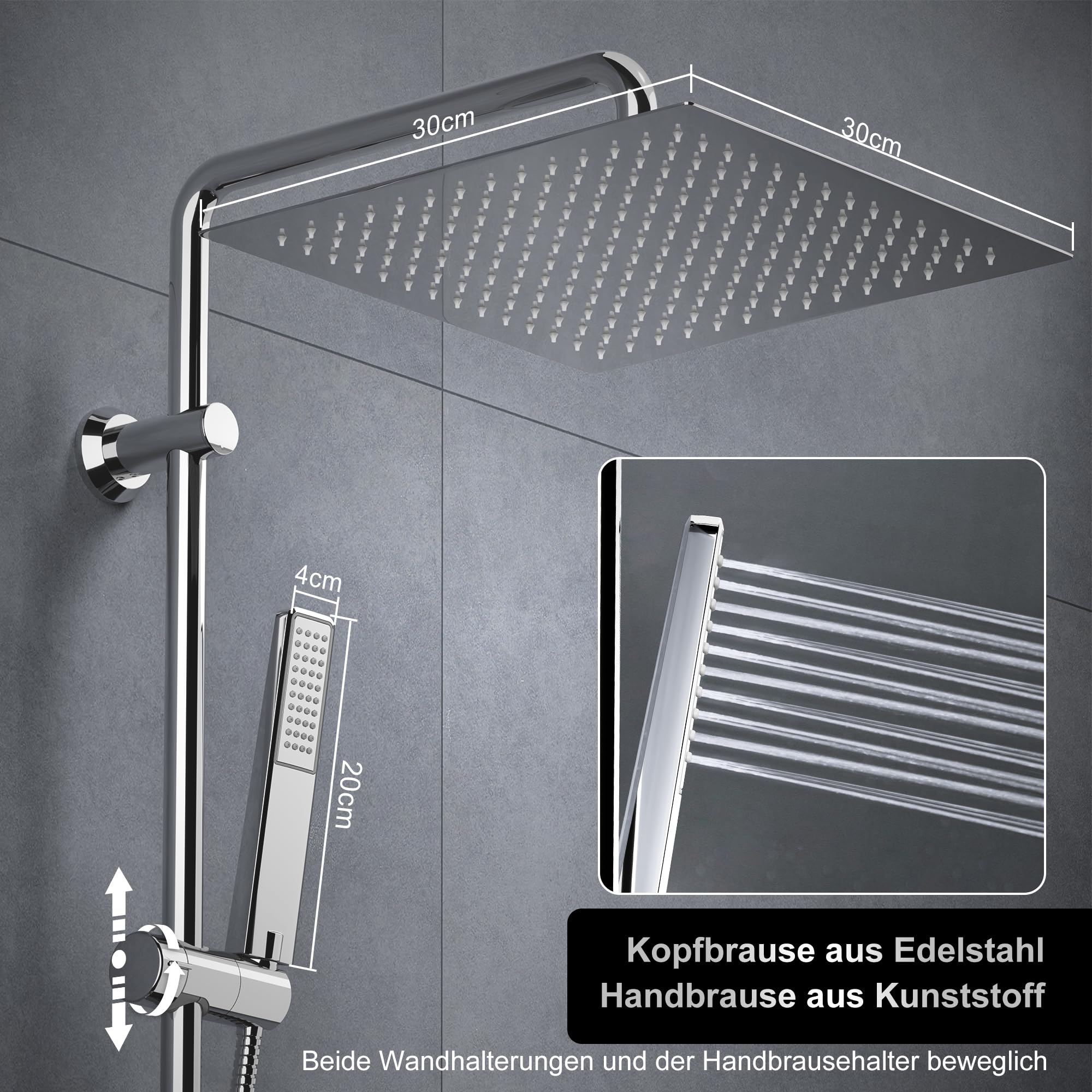 Görbach Colonne de douche sans robinetterie, acier inoxydable système de douche avec barre de douche réglable hauteur, pommeau pluie 30x30 cm et étagère, Chromée
