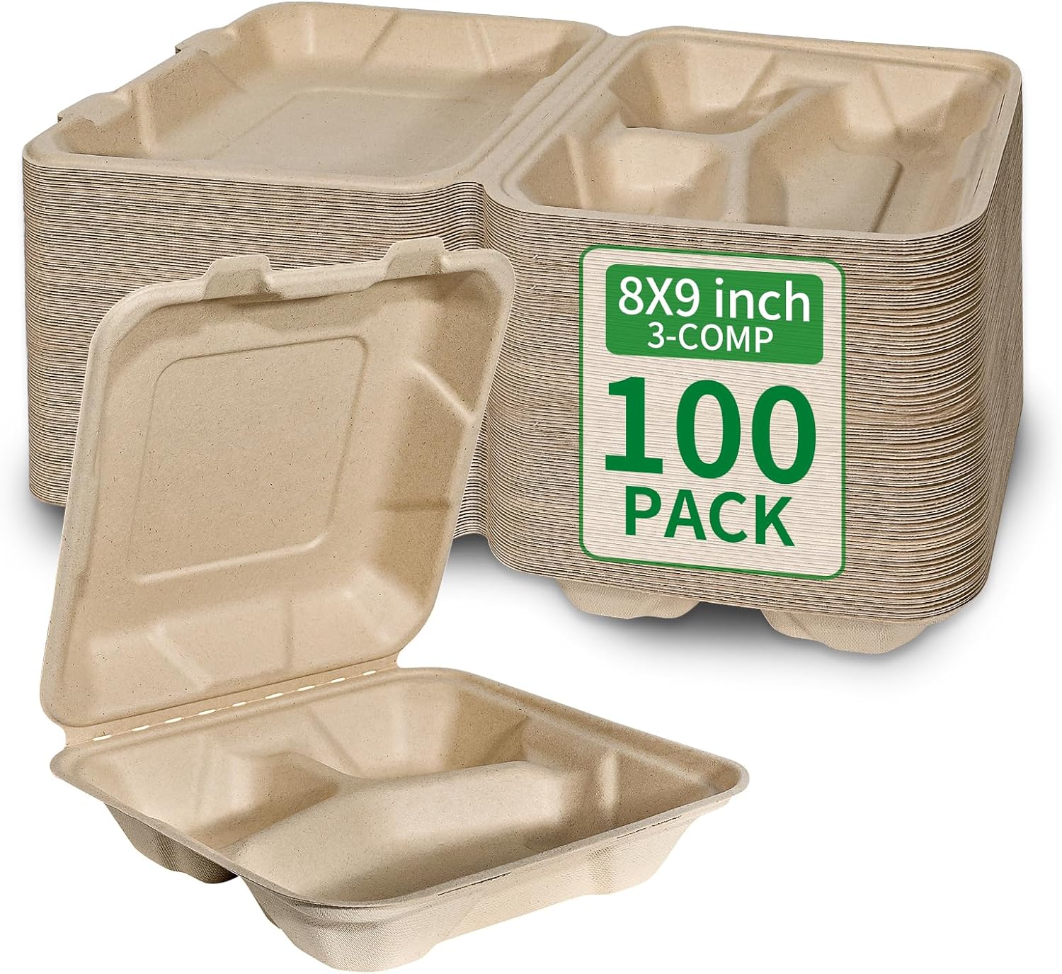 Aricsen 100 Pack 3 Compartment Compostable 8x9 Inch Takeout Lunch Box Containers with Lid To Go Take Out Clamshell for Food, Disposable Eco-Friendly Biodegradable Bagasse, PFAS-Free, Brown