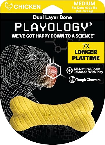 Playology Juguete de hueso de doble capa, para perros medianos (15-35 libras), para masticadores pesados, juguete perfumado de pollo totalmente