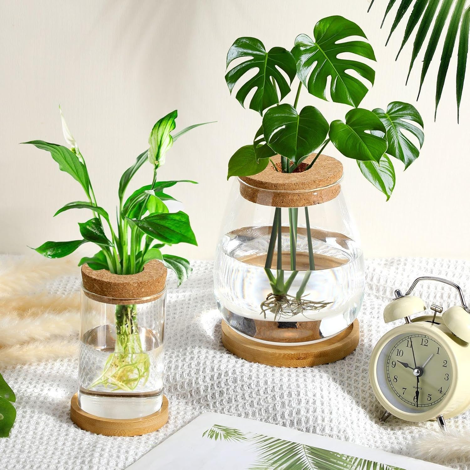 Layhit 4 Pcs Plants Propagation Stations vases Glass Planters with Wooden Lid and Bamboo Stand for Hydroponic Plants Gardening Gifts for Women Mom Home Office Tabletop Decoration(Classic Style) - Image 2