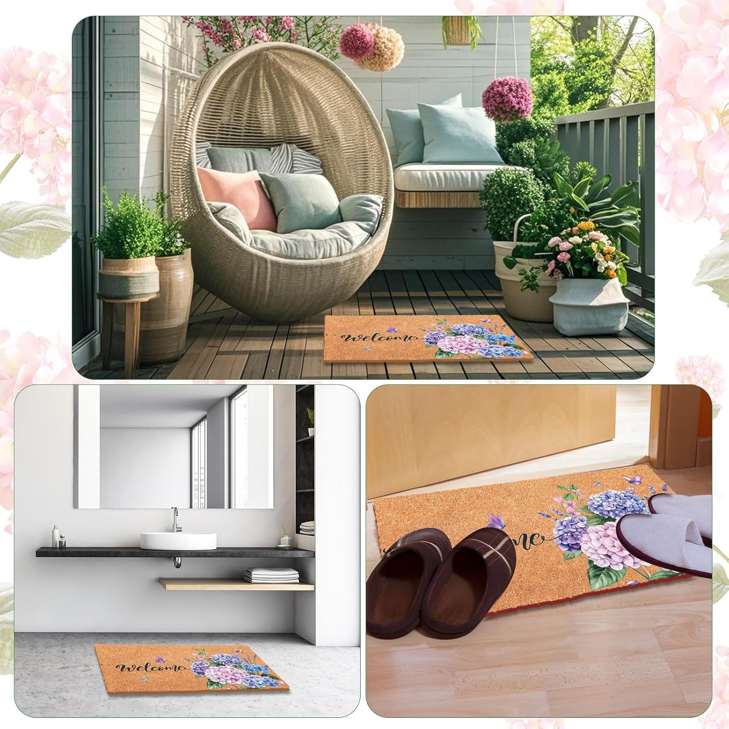 Blosssound Spring Hydrangea Nature Coir Doormat 17x29 Inch Summer Butterfly Welcome Mats Hydrangea Rugs Decorative Front Porch Rugs Non Slip Entrance Kitchen Door Mat Indoor and Outdoor Home Decor