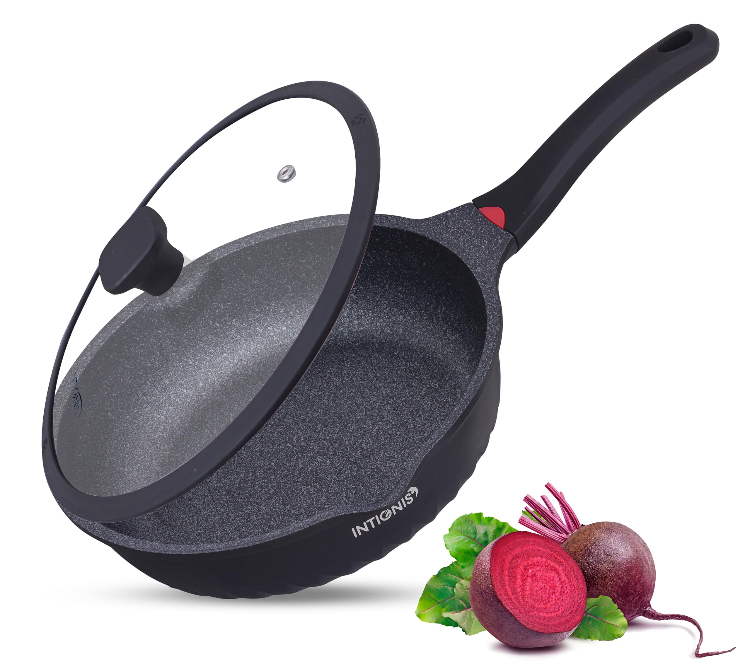 INTIGNIS Premium-Bratpfanne mit Deckel, Kratzfest, 30 cm, Extra Tief, Kompatibel mit allen Herdarten, Einschließlich Induktion, Frei von Chemikalien, Super Antihaftbeschichtet