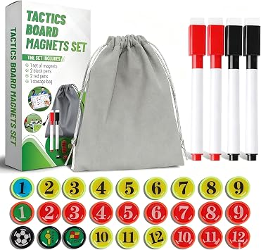 ZPU 27 Picese Soccer Board Magnets, Soccer Magnets Set with 2 Dry Erase Black Marker Pens, 2 Red Marker Pens, 1 Storage Bag, Tactics Strategy Board Coaches Clipboard Accessories Board NOT Included