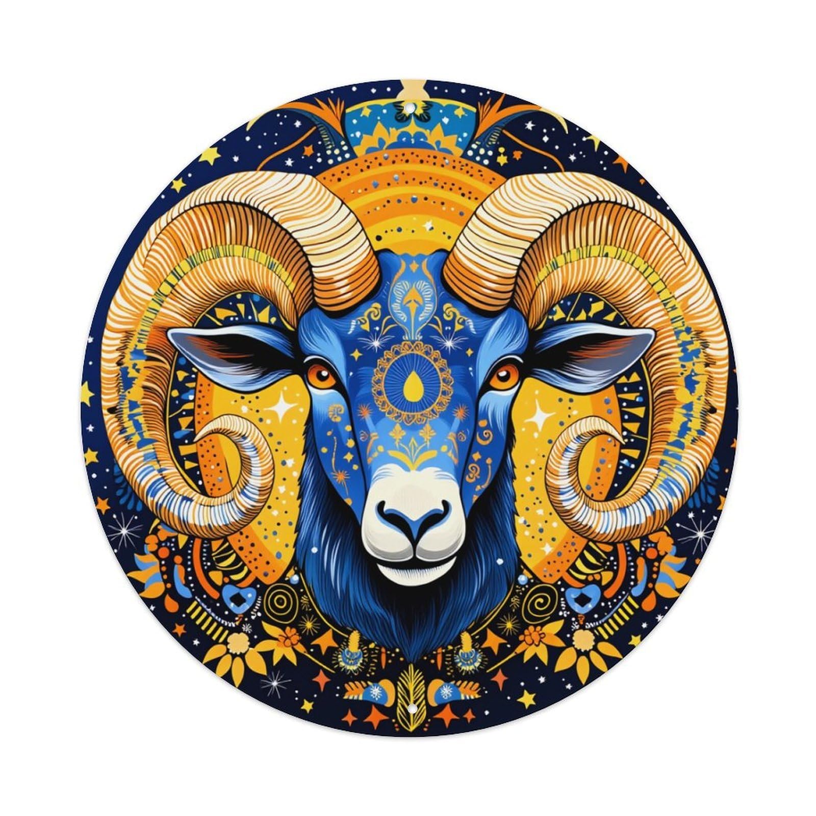 Colorful Ram Zodiac Pattern Art Round Tin Sign Retro Metal Sign for Cafe Bar Pub Home Game Room Gym Club Wall Decoration Vintage Metal Poster 8x8 Inch