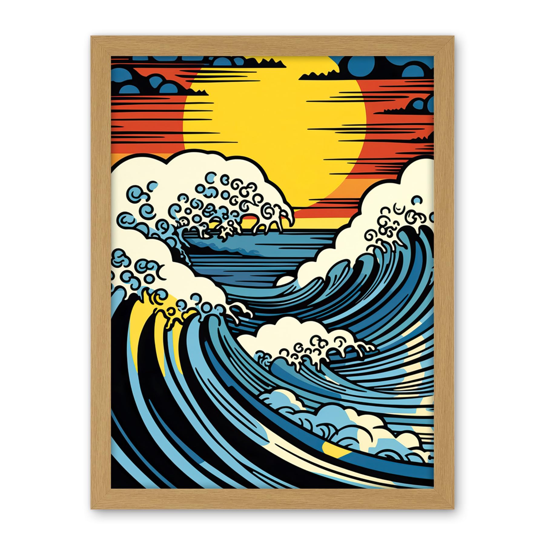 Artery8 Great Waves Linocut Comic Book Style Seascape Sunset Polka Dot Halftone Artwork Framed Wall Art Print 18X24 Inch