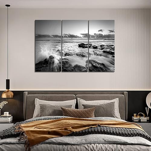 Miniatura 4 de Olas marinas en blanco y negro que se precipitan en la piedra de la pared pinturas impresas en lienzo paisaje marino imagen para decoración moderna