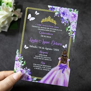 20 PCS Butterfly Personalized Clear Acrylic Quinceanera Invitation, Customized XV Anos, 15 Anos 5x7 Invitation Cards with Envelopes, Pricess Girl Floral Printed Purple