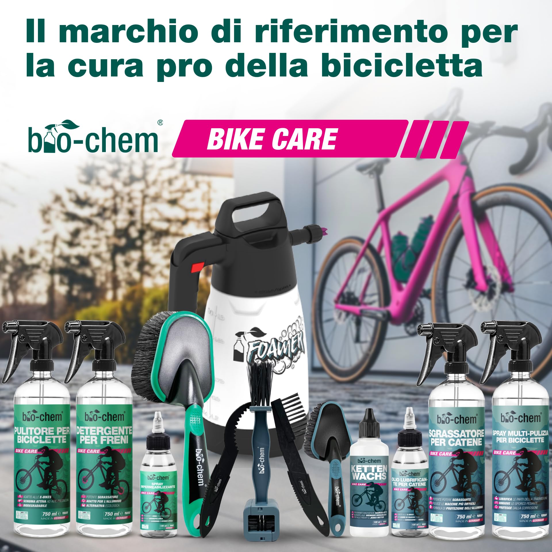 bio-chem - Profi Set 7 prodotti per la pulizia della bicicletta - Detergente completo 750ml - Sgrassatore per catena 750ml - Olio lubrificante 100ml - Panno e spazzole incluse