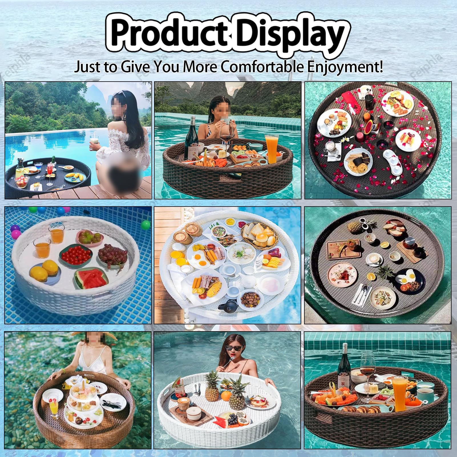 Bandeja flotante, bandeja impermeable y duradera con asas para piscinas y jacuzzis, perfecta para desayunos y fiestas en la playa, diseño redondo de 60 cm