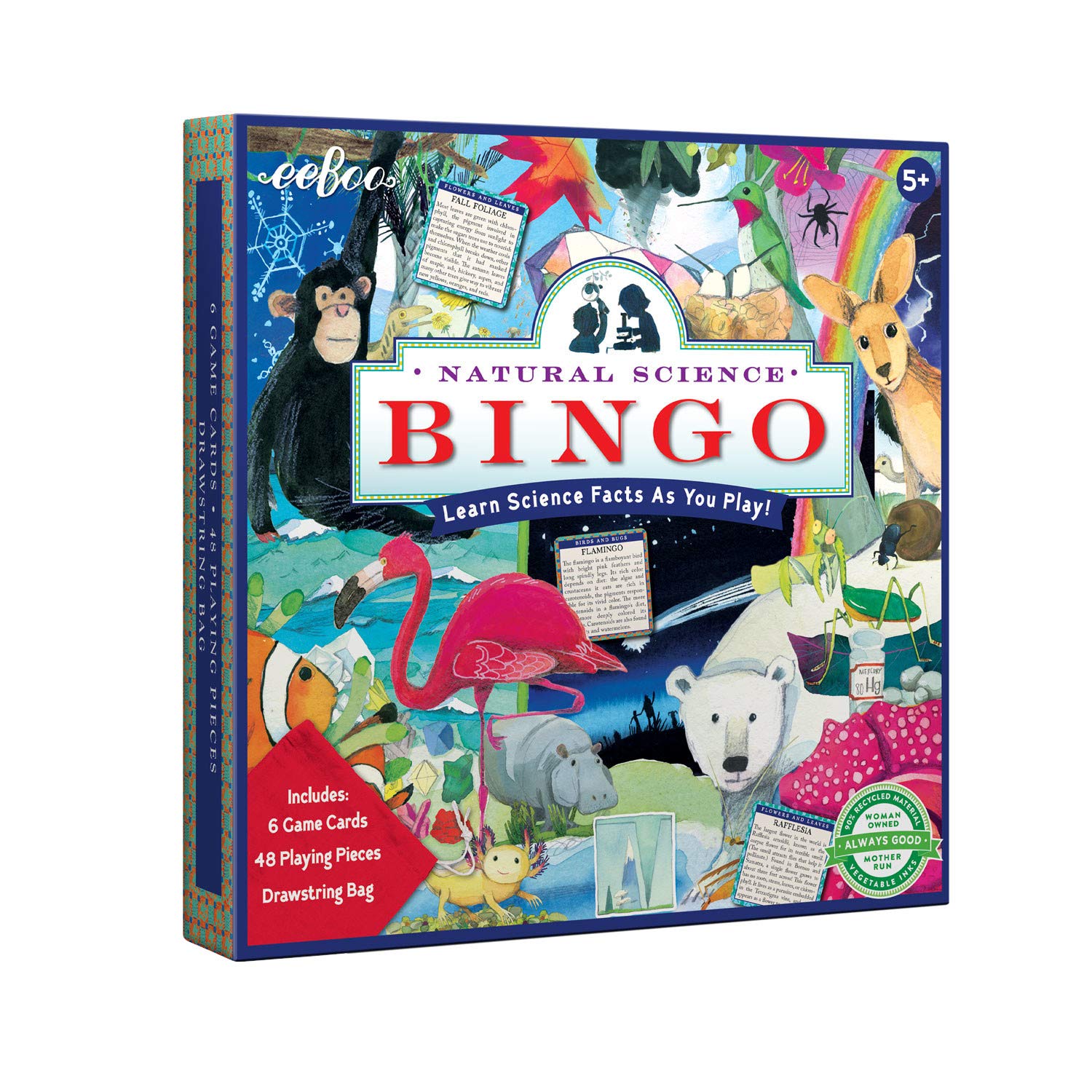 eeBoo: Natural Science Bingo Game, for 2 to 4 Players, Learn Science Facts as You Play, for Ages 5 and up, Includes Cloth Bag for Holding Tiles