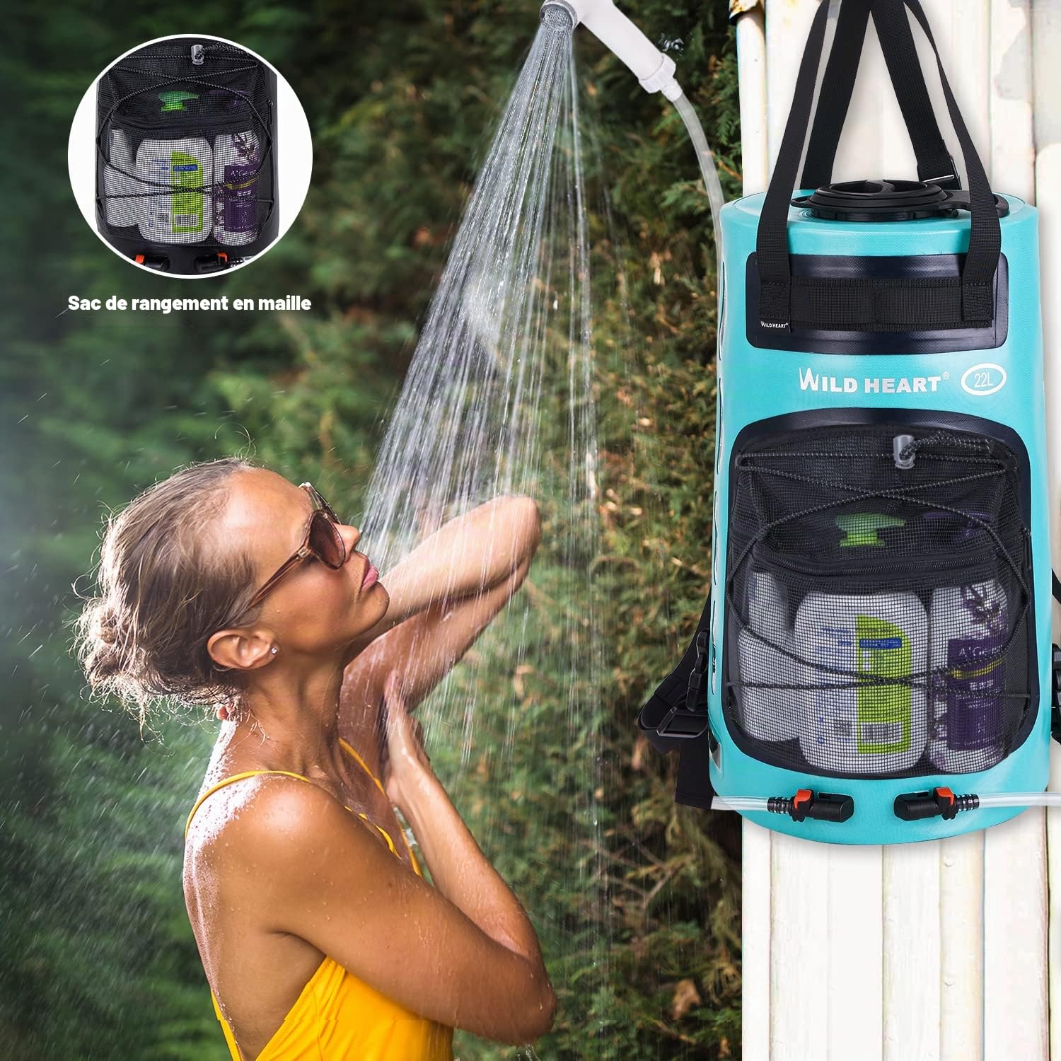 WILD HEART Douche Camping Portable 5,8 Gallons/22 L Sac de Douche Portative Portative avec Pompe à Pied à Pression et Buse Pratique, Douche Solaire Pression pour la Plage, Le Camping