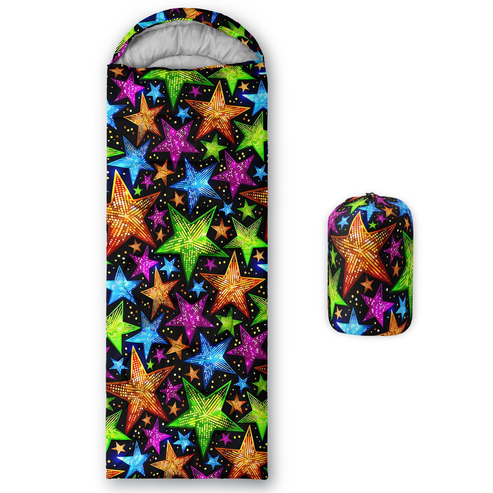 QOOMO Colorful Stars Waterproof Sleeping Bags for Adults & Kids,Printed Camping Sleeping Bags, 3 Season Warm & Cool Weather,Traveling,and Outdoors,Camping Gear Equipment,31x90inch