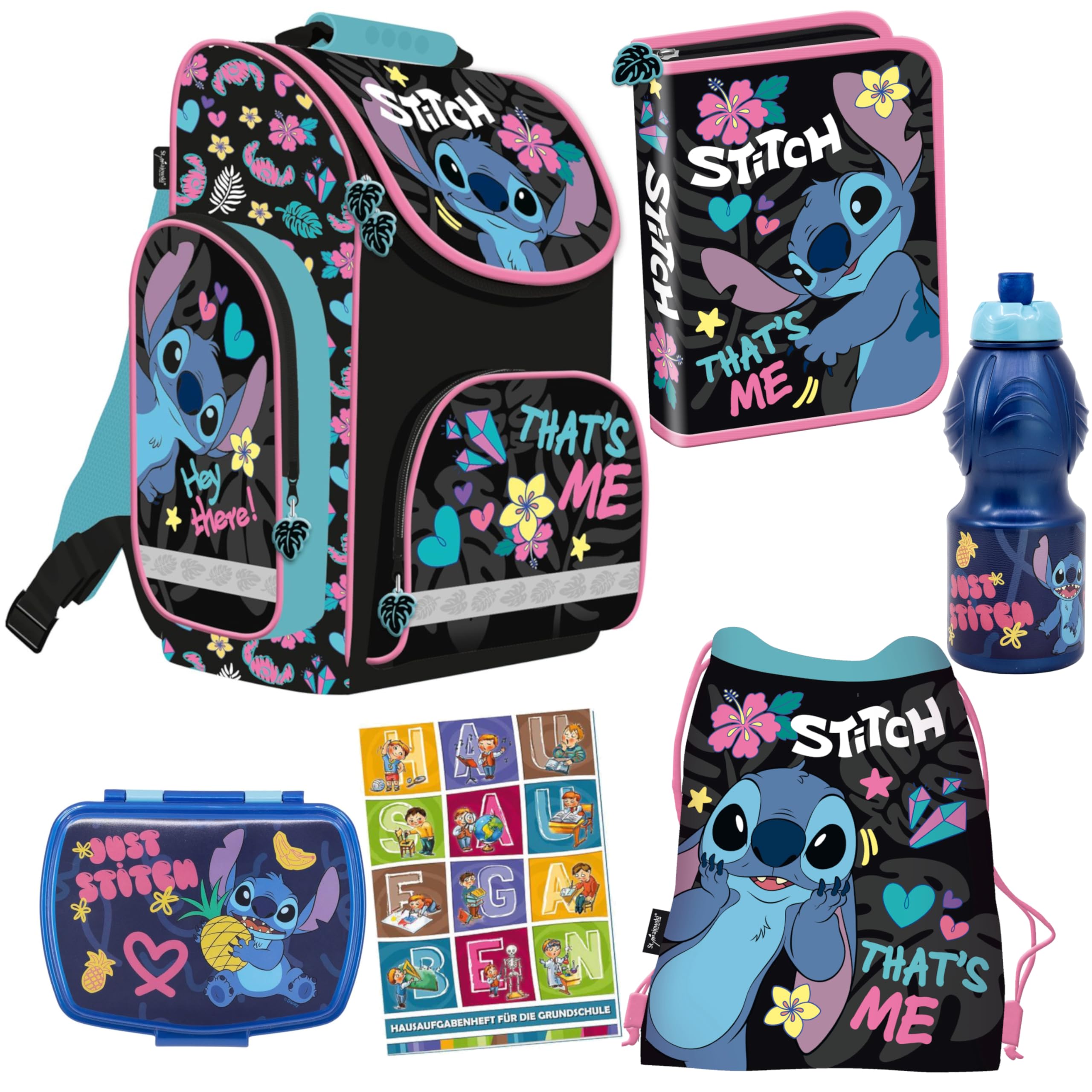PASO - Schulranzen für Jungen und Mädchen, 6er-Set - Schul-Rucksack für Kinder mit Federmäppchen - Schuhbeutel Trinkflasche und Brotdose - Stitch Motiv - 1-3 Klasse