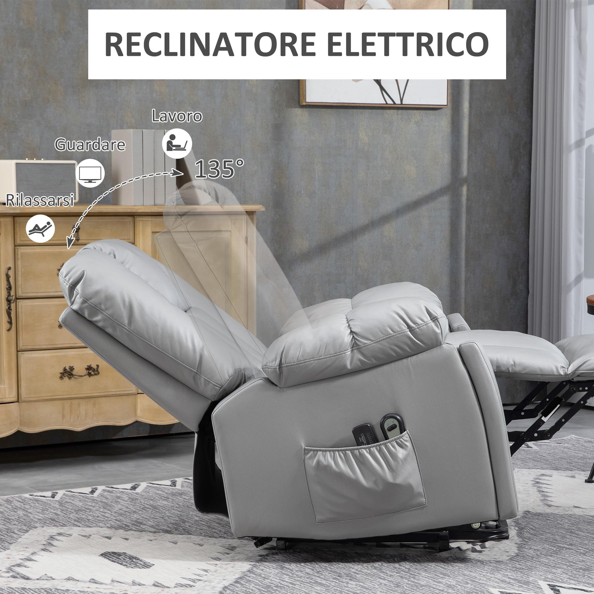 HOMCOM Poltrona Alzapersona Elettrica Reclinabile con 8 Punti Massaggianti e Telecomando, Poltrona Moderna in Microfibra, 94x96x106 cm, Grigio