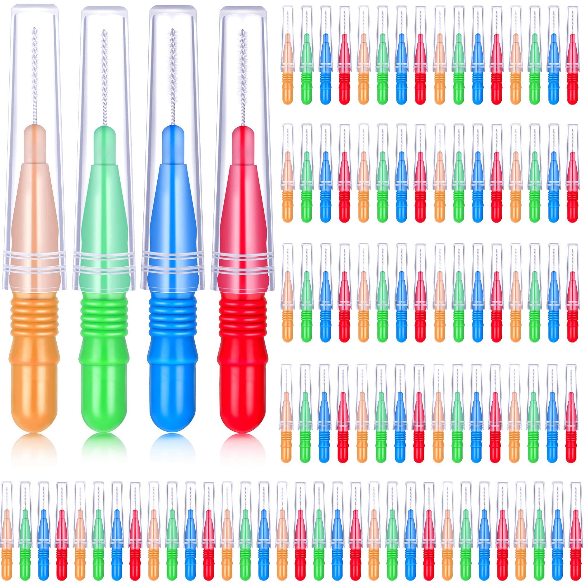 BBTO 100 Pieces Braces Dental Brush Flosser for Cleaner Interdental Brush Toothpick Dental Tooth Flossing Head Oral Dental Hygiene Toothpick Cleaners Cleaning Tool (Red, Blue, Light Green and Orange)