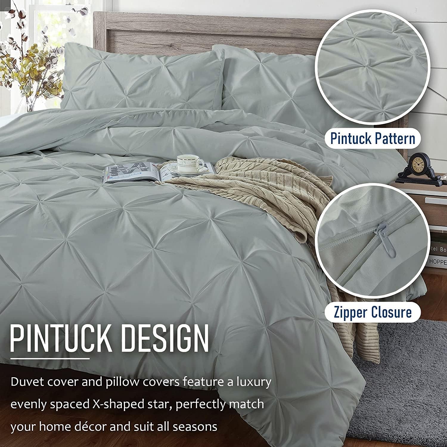 Silver Solid Pinch Pleated Pintuck Pillow Shams Set of 2 - Hypoallergenic 500-TC 100% Egyptian Cotton Decorative Pintuck Pillow Sham (Silver, Full (80" X 90"))