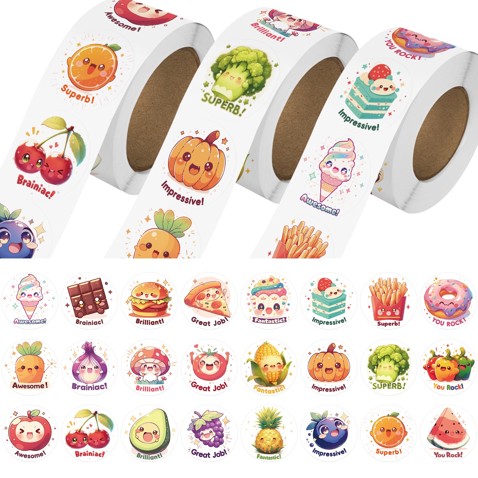 3 Rolls Cute Food Stickers for Toddlers 2-4, 24 Designs Fruit/Vegetable/Snack Stickers Bulk for Kids, 1500 PCS Motivational Vinyl Stickers for Teacher Classroom Prizes, Homeschool Supplies(1.0 Inch)