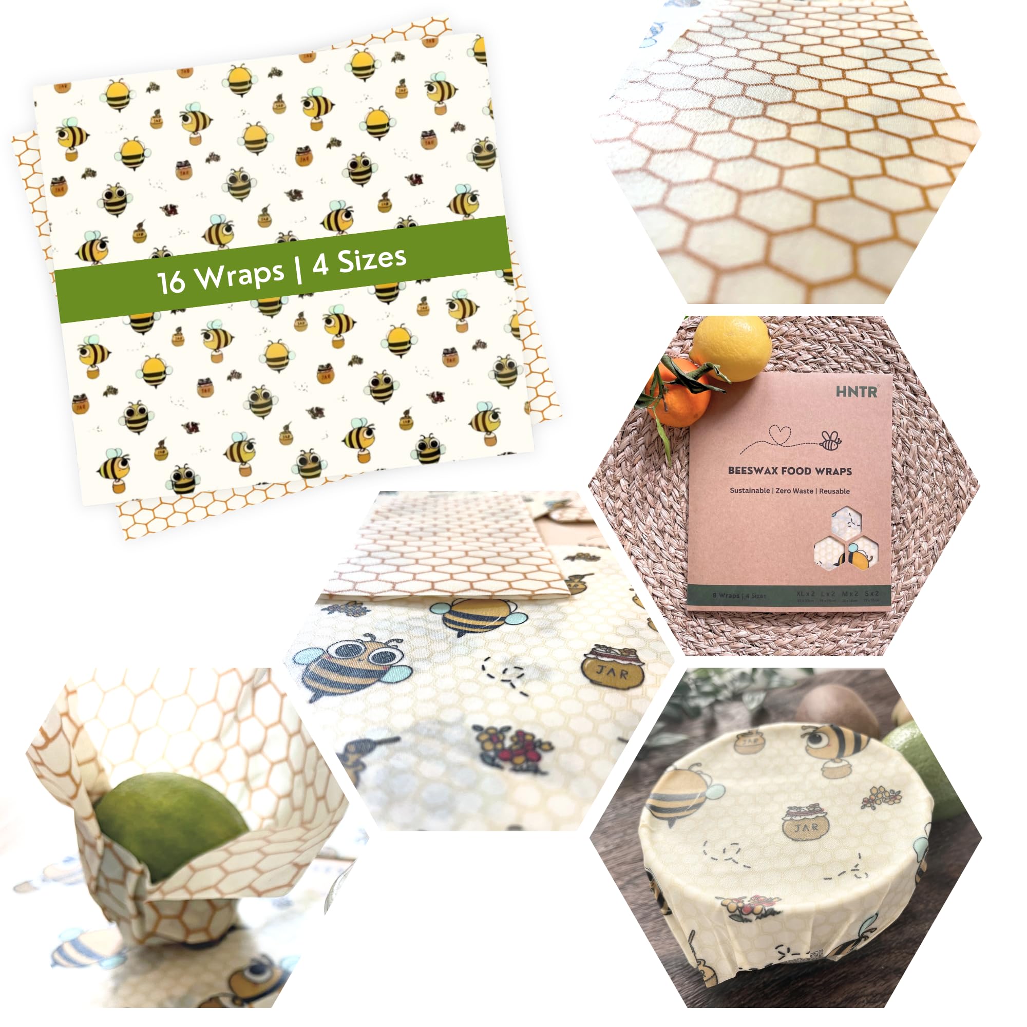 HNTR Beeswax Food Wrap – Set of 16 Beeswax Wraps | Natural Wax Wrap for Food Storage | Artisan Cheese Storage for Fridge | Reusable Sandwich Bag Alternative | Twin Pack