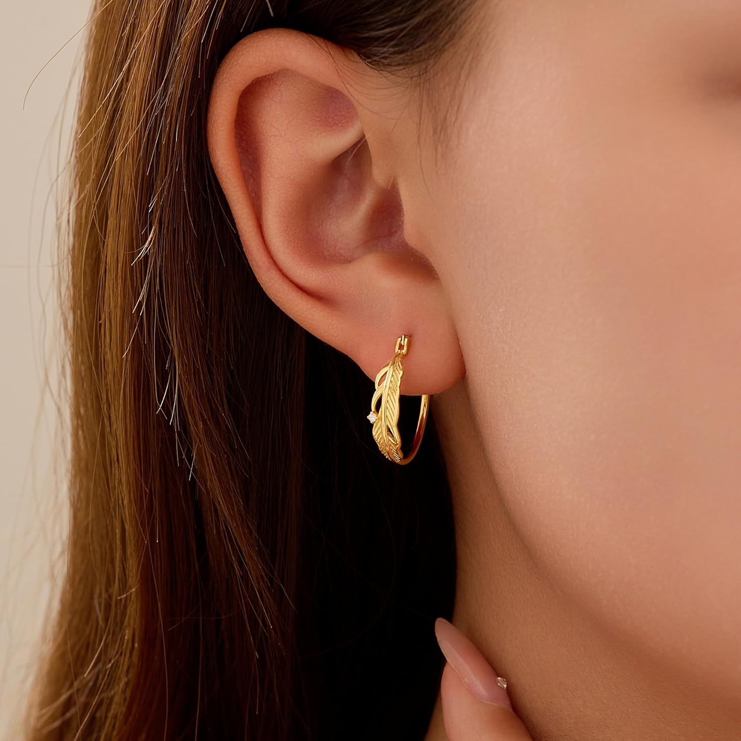 LOVECOM 14k Gold Plated Feather Filigree Hoop Earrings for Women Cute 925 Sterling Silver Post Leaf with CZ Animals Huggie Earring Women's Round Hypoallergenic Earring Jewelry Gifts to Daughter - Image 3