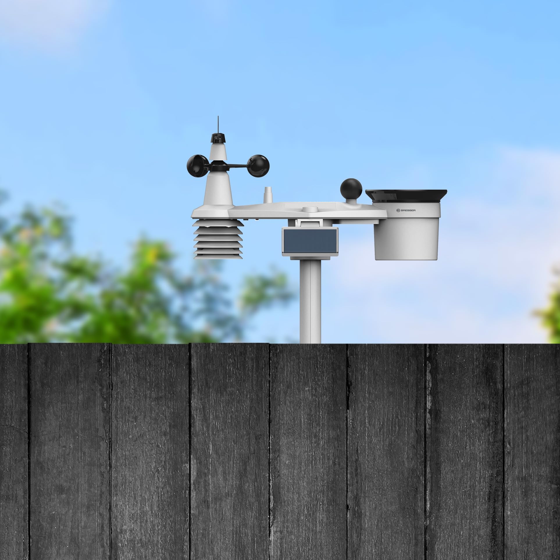 Bresser 9-in-1 MeteoChamp HD WLAN-Wetterstation mit solarbetriebenem Multisensor, Luftqualitätsanzeige, Hitzestress-Index, Datenspeicher | Innentemperatur und Außentemperatur, Luftfeuchtigkeit, Regenmesser, Windmesser, 14 Tage Wettervorhersage, App, WBGT