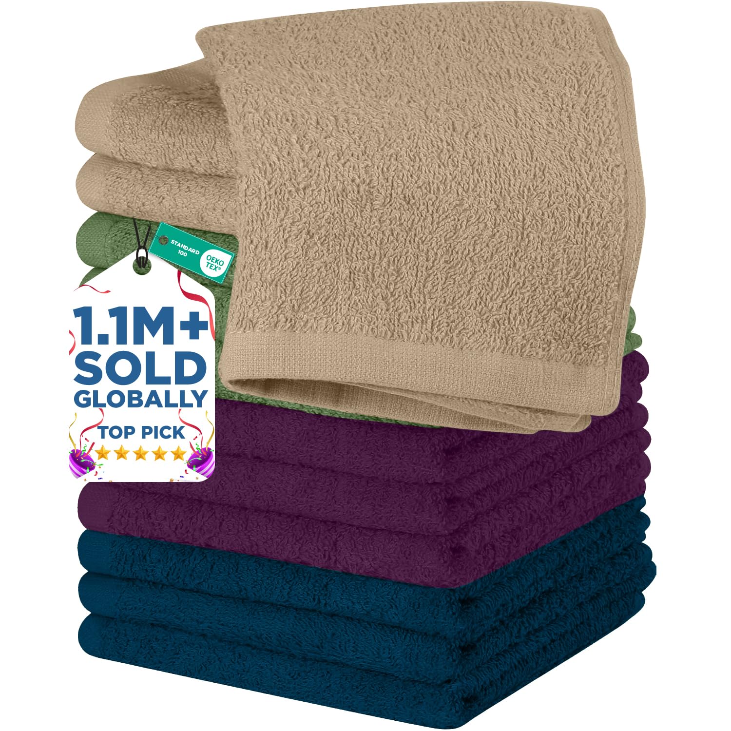 DAN RIVER 12 Pack Cotton Wash Cloths Set for Showering [12x12] Assortment 2