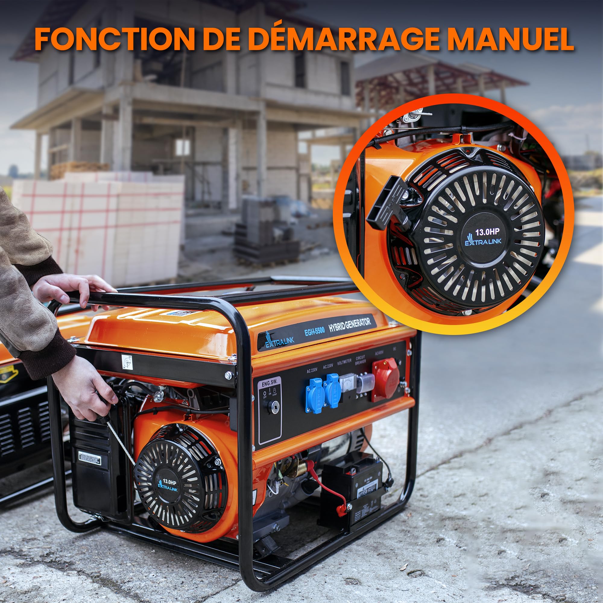 Extralink Groupe électrogène 5500W Essence/GPL | Moteur 188F-M, onde sinusoïdale pure, 2×230V & 1×400V, démarrage électrique | mobile et silencieux pour maison et chantier