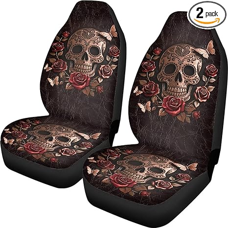 Talayituse Sugar Skull Rose Butterfly Print Car Seat Cover Front Seats Only Full Set of 2, Halloween Decoration Universal Bucket High Back Car Front Seat Covers