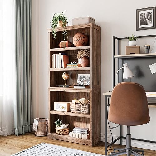 Miniatura 2 de LINSY HOME Estantería de 5 estantes, Estanterías de pie para exhibición y almacenamiento de 68 pulgadas de alto, Estantería alta, Muebles de Marrón