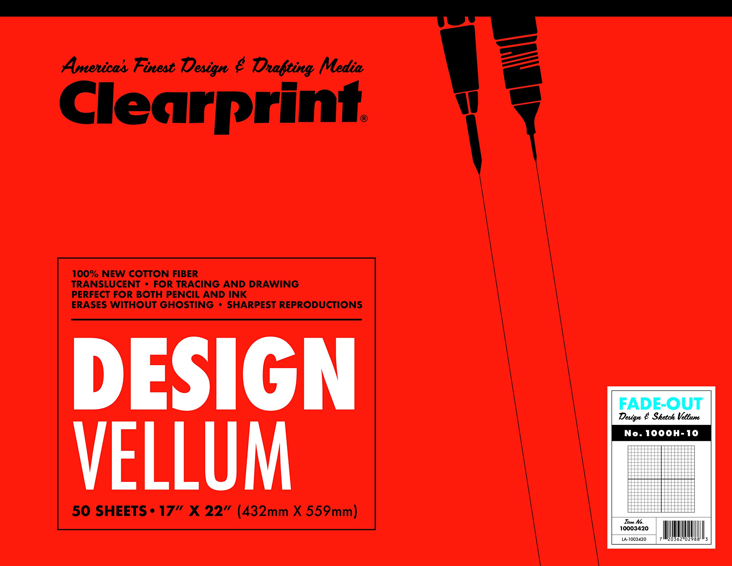 Clearprint 1000H Bloc de papier vélin avec grille imprimée délavée, 10 x 10, 7,3 kg, 100% coton, 43,2 x 55,9 cm, 50 feuilles, blanc translucide (10003420)