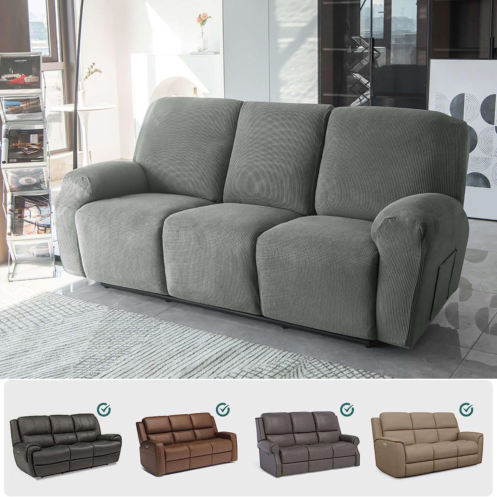Stretch 8-Piece Recliner Couch Covers 3 Seat, Soft Jacquard Fabric Reclining Sofa slipcover with Pocket Armchair Covers for Pets Kids-Dark Grey-3 Seat