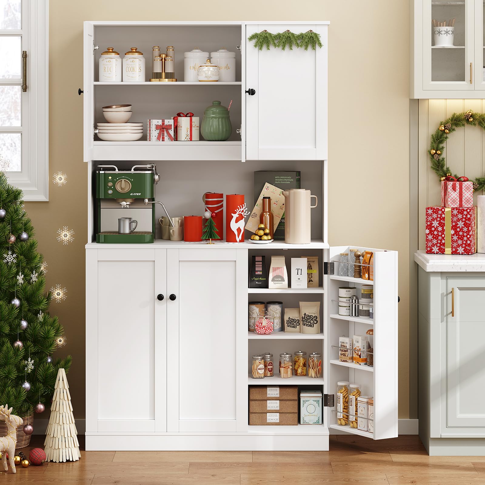 ONBRILL 71" Tall Kitchen Pantry Storage Cabinet with Microwave Stand & Door Shelf, Freestanding Kitchen Hutch with 6 Doors and Adjustable Shelves, Modern Food Pantry for Dining Room, White