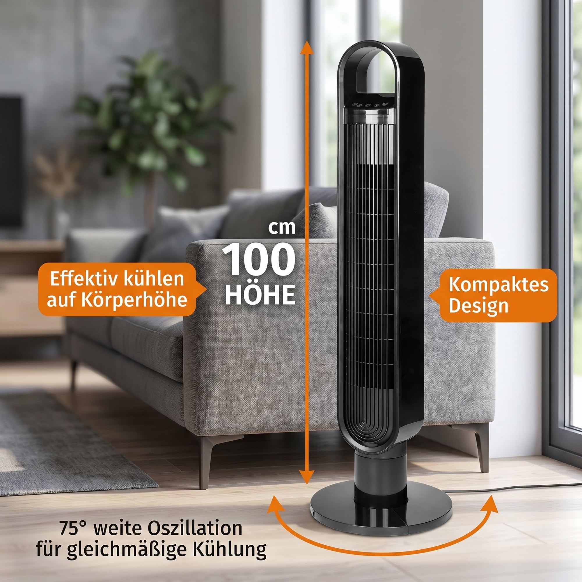 NEO TOOLS Turmventilator mit WLAN und Ionisator 60W 100cm Höhe App-Steuerung Digital-Display Fernbedienung 3 Modi und Geschwindigkeiten 75 Grad Oszillation 12h-Timer Schwarz