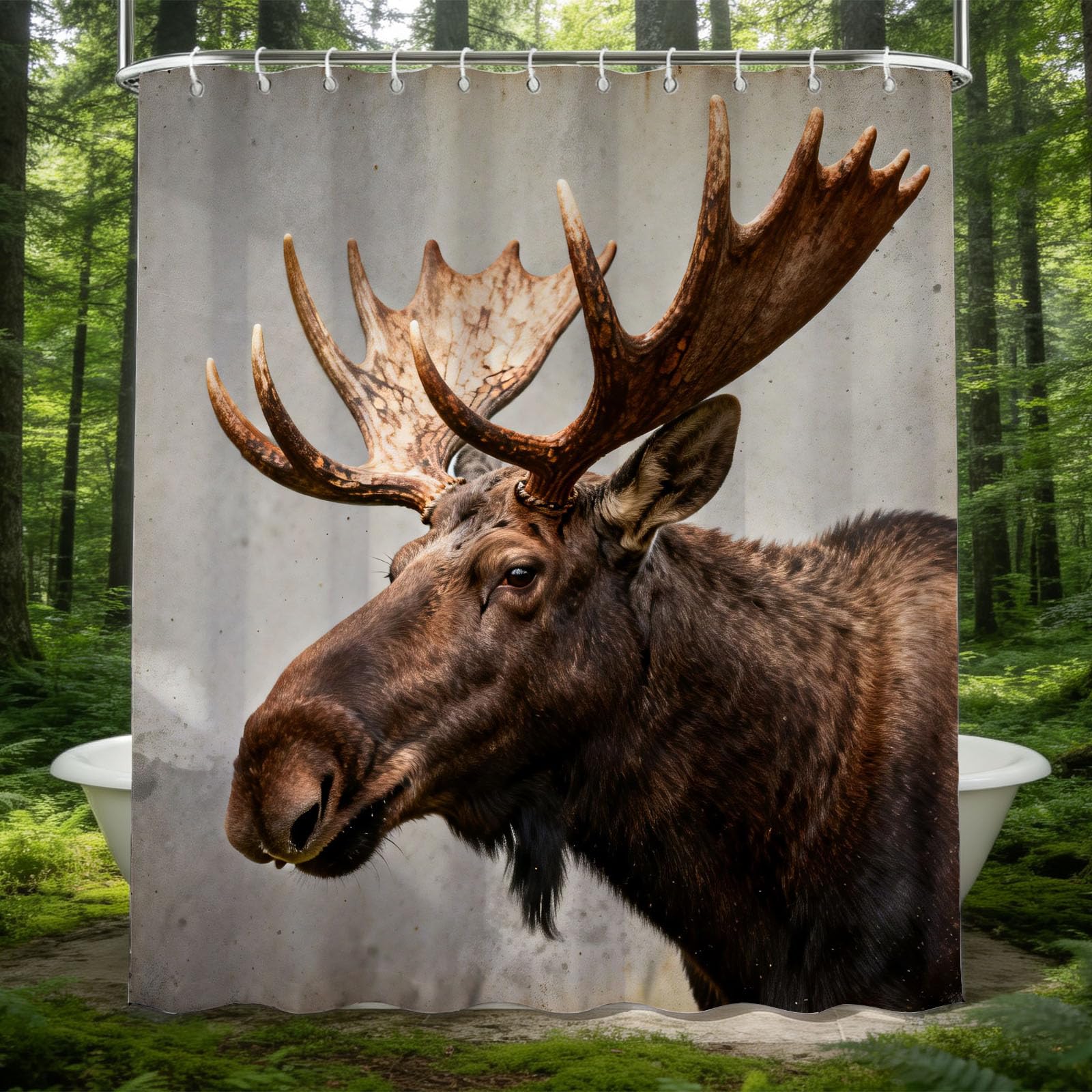 Hongduo 3D Moose Shower Curtain for Stalls Bathtubs Antlers Bathroom Decor Shower Curtain Set Polyester Fabric Waterproof 120x180cm/48X71 Inch with Hooks