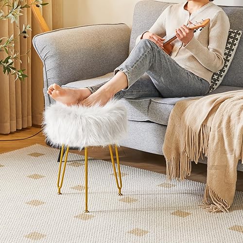 Miniatura 5 de IBUYKE Silla Taburete de Tocador de Piel Sintética, Otomana Taburete de Maquillaje Peludo, Asiento Acolchado Suave, Reposapiés Redondo Taburetes con