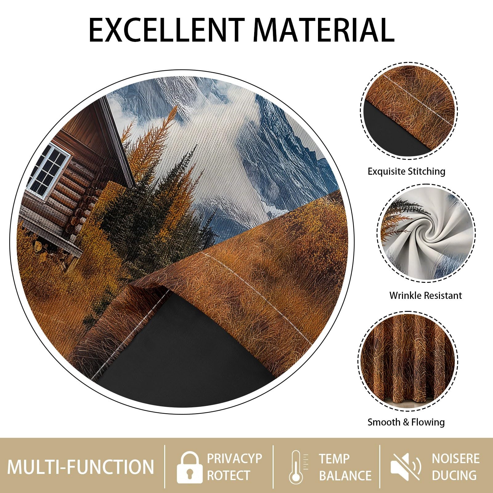 Rideaux Occultants Paysage Montagne 75L X 166H cm (2 Panneaux), Isolation Thermique Fixation par Oeillets Montagnes Enneigées Prairie pour Salle De Séjour, Marron