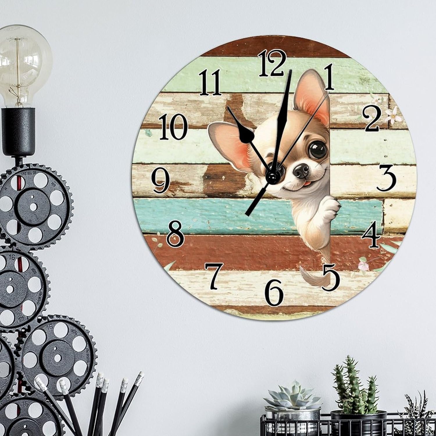 Chihuahua Dog Peeking Around Corner Clocks Chihuahua Wall Clocks Battery Operated Round Wall Clock Puppy Dog Animal Wooden Wall Clock for Bathroom Bedroom 12x12in