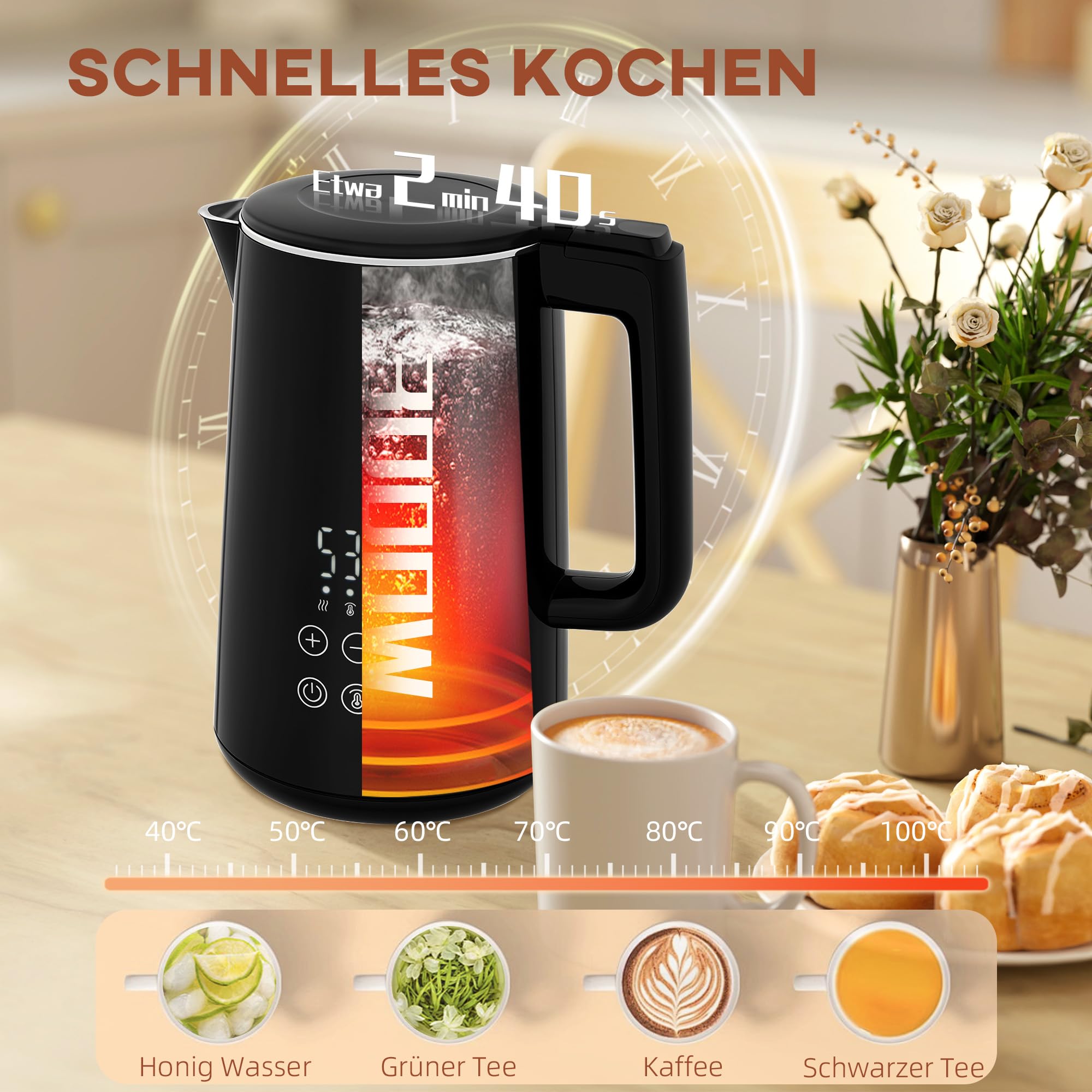 HOMCOM Wasserkocher Toaster Set Edelstahl 1,5L 2200W 2 Scheiben 7 Bräunungsstufen Schwarz