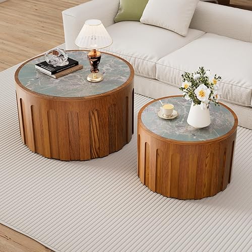 Miniatura 9 de Juego de 2 mesas auxiliares redondas estriadas con diseño en relieve, mesa auxiliar moderna de mediados de siglo, mesa auxiliar circular minimalista