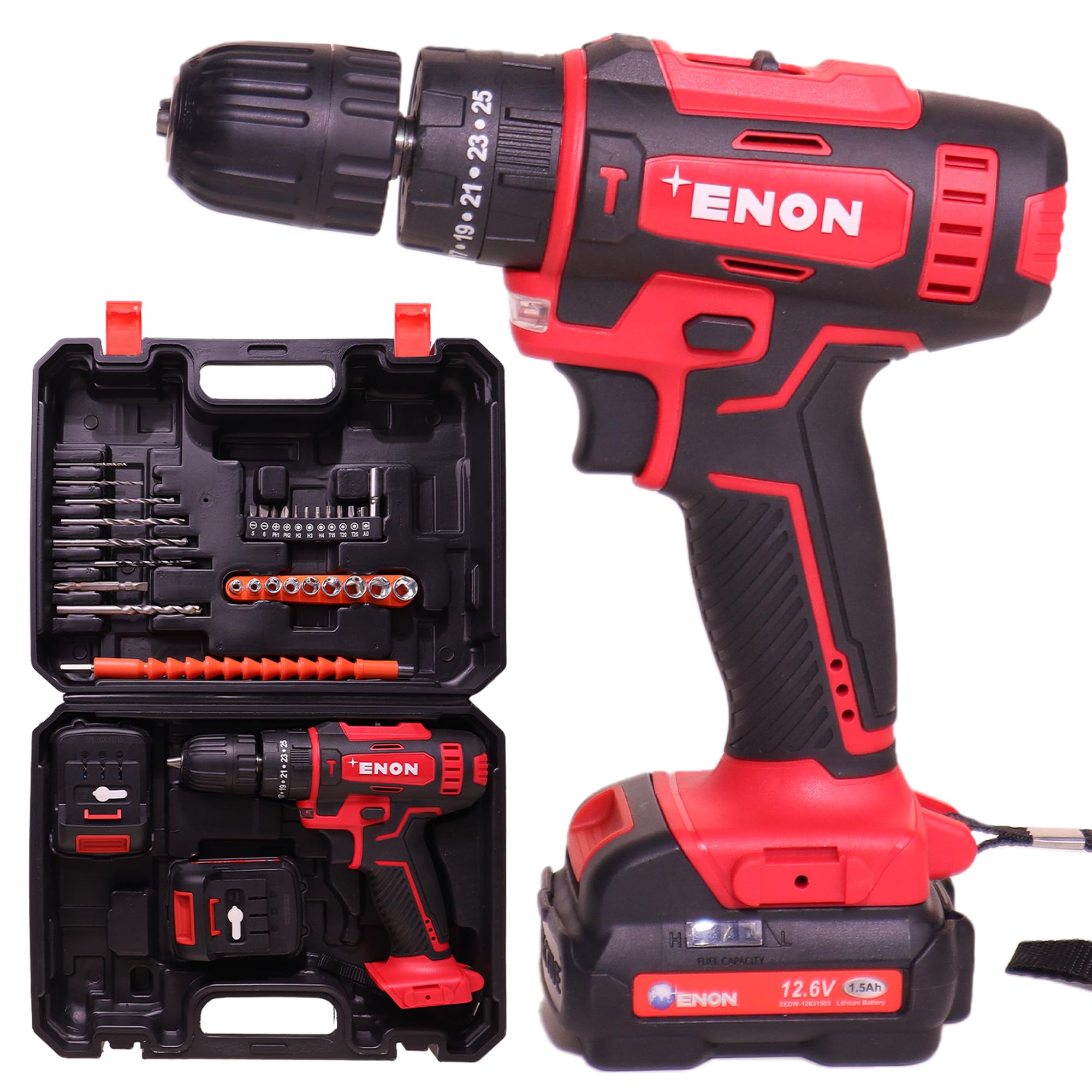 Enon Cordless Impact Drill for Home Use 12.6V, 1500Rpm, Keyless Chuck 10mm, 25 Level Torque, 2 Speed Modes, 3 Functions, Magnetic Base, 2x1.5Ah Batteries, 82 Pcs Drill Kit | Warranty (XE-CD1610) Red-picture-21